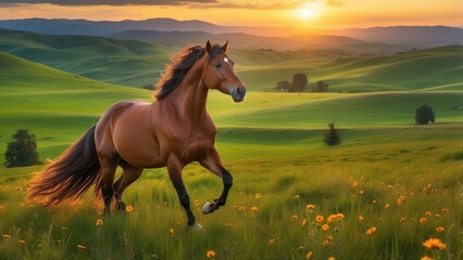 Brown Horse Running Freely in Green Meadow with Mountain View