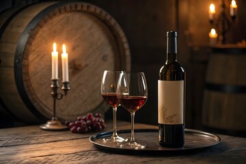 An elegant mockup of a wine bottle and two glasses on a dark wooden table with soft candlelight creating a romantic ambiance