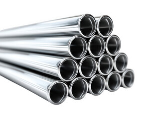 Stack of metal shiny pipes isolated over png transparent background	
