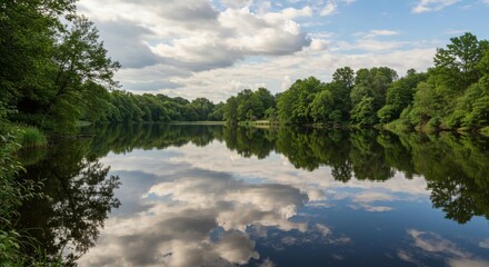 Serene Lake Reflection - Peaceful lake reflecting the sky and lush green trees on a sunny day. Tranquil nature scene