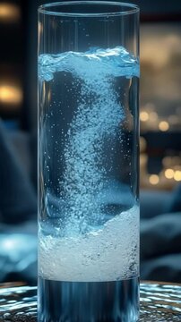 A compact conceptual model of an Oscillating Water Column (OWC) wave energy generator in a tall, clear glass cylinder, showing air bubbles, swirling water motion illuminated by soft blue ambient light