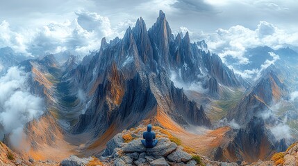 Solitude on a Mountaintop.  Misty peaks and valleys, breathtaking view.  A figure sits in contemplation