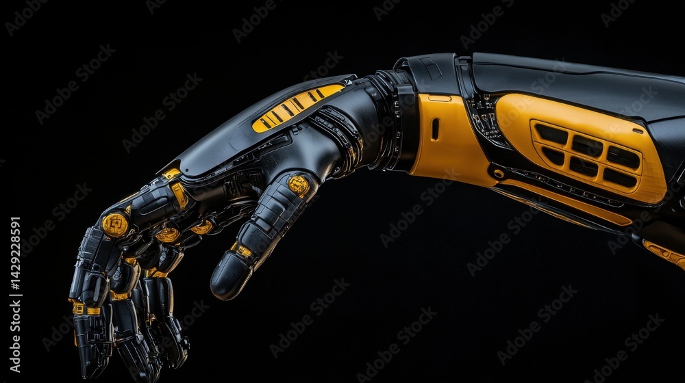 Poster a sleek robotic arm is displayed in a dark setting, emphasizing its intricate design and technologic