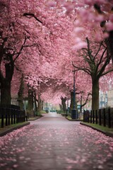 Walking Path with Pink Blossoms in Spring Season
