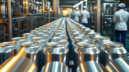 Freshly produced aluminum cans travel on a conveyor belt inside a beverage production facility, symbolizing the dynamic food and drink manufacturing industry.