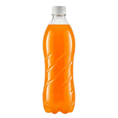 Vibrant Refreshment: Orange Soft Drink in Clear PET Bottle (transparent background)