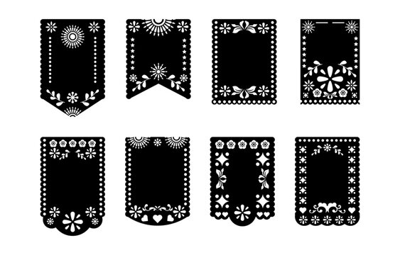 Papel Picado collection with silhouette of floral template and blank space design for cinco de mayo event