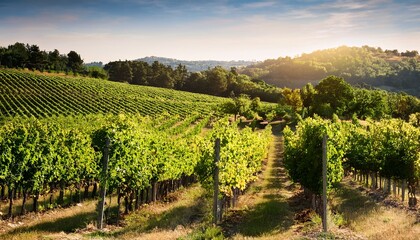 Naklejka premium sunny vineyard rows with lush green trees