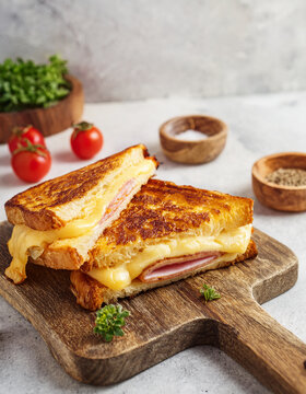 Fototapeta Hot croque monsieur, French ham and grilled cheese sandwich on wooden board. Fast food. Tasty snack