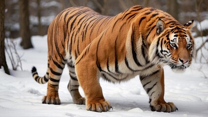 Fototapeta premium Siberian Tiger Walking in Snowy Wilderness – Majestic Winter Predator