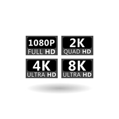 8k Ultra Hd icon, 4k Ultra Hd, 2k Ultra Hd, 1080 Full Hd Resolution icon with shadow