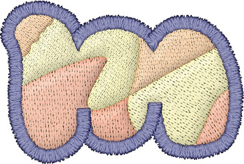 Colorful alphabet patchwork letter lowercase m with intricate embroidery and textile design