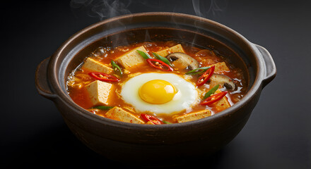 Steaming Kimchi Tofu Stew with Sunny-Side Up Egg in Earthenware Pot