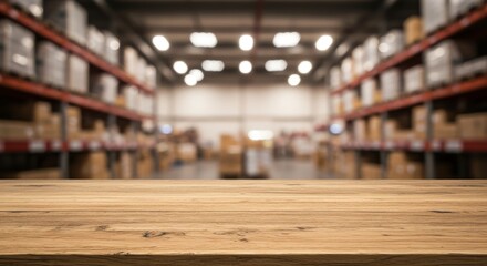 Warehouse Tabletop Product Display - A warm-lit warehouse scene with a wooden table in the foreground, ideal for showcasing products. Symbolizes: logistics, storage, distribution, commerce, industry