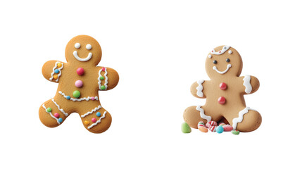 Two gingerbread cookies with colorful icing and decorative candy elements
