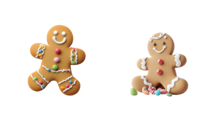 Two gingerbread cookies with colorful icing and decorative candy elements