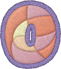 Beautiful embroidery showcases patchwork letter uppercase O design with vibrant colors and textures