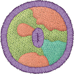Colorful embroidery patch lowercase o featuring circular design with various shapes and textures