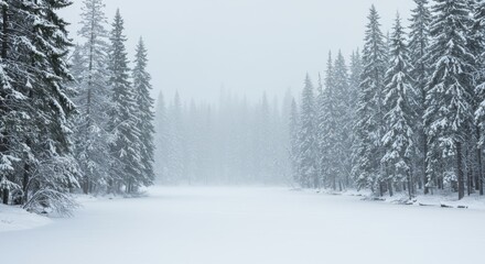 Winter Wonderland Lake Surrounded by Evergreen Trees - Serene winter scene, snow-covered lake, misty atmosphere, tall evergreens, remote wilderness. Symbolizes peace, tranquility, solitude