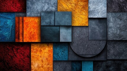 Colorful geometric tiles in shades of red, orange, blue, gray, and black are arranged in an artistic pattern, showcasing modern design aesthetics in an interior setting