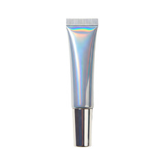 A shiny holographic silver tube, likely for a cosmetic product, is displayed on a transparent background