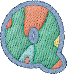 Colorful alphabet patchwork letter uppercase Q with embroidery texture and textile design