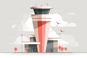 Modern Minimalist Airport Control Tower in Digital Art Style