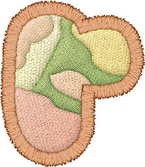 Embroidery features colorful patchwork lowercase r design with textile elements and intricate details