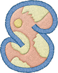 A Beautiful alphabet patchwork letter uppercase S with embroidery in pastel colors and textile texture