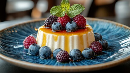 Panna cotta Berry dessert on blue plate, garnish and topping