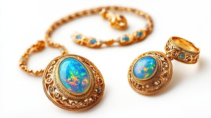 Naklejka premium Old-fashioned gold jewelry set with intricate patterns and oval opals on earrings, necklace, and matching ring, isolate on white background