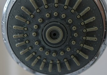 Obraz premium Water droplets cling to a shower head in a modern bathroom, highlighting the design and functionality of the fixture