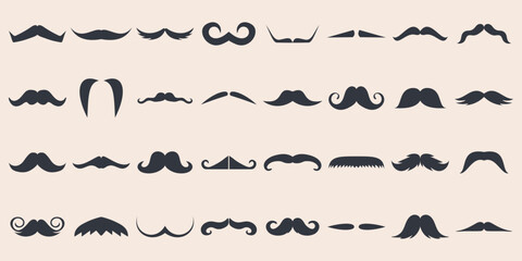 Set of Silhouette Mustache icon. Moustache icons set isolated on white background. Suitable for barbery and retro design. Vector illustration.