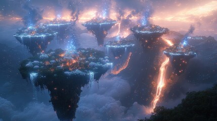 Naklejka premium Floating islands with waterfalls, glowing vegetation, lava stream, twilight sky, fantasy landscape, lush terrain, magical scenery,