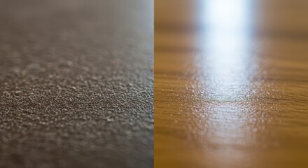 Close-up split-view or before-and-after macro photorealistic shot showing the stark contrast on the furniture surface: one side covered in a visible layer of fine dust
