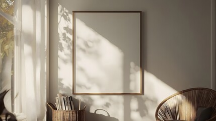 Elegant Natural Wood Frame Hanging on Wall with Soft Light Shadows