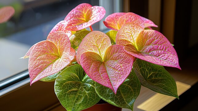 Pink, heart-shaped Anthuriums in a pot near a window