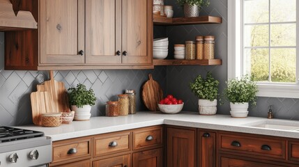 Rustic wood kitchen corner, featuring stylish storage and plants.