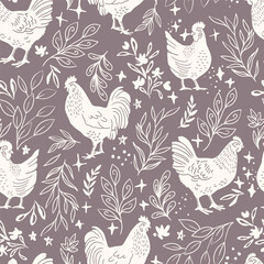 Spring Hens and Botanicals Vector Seamless Pattern