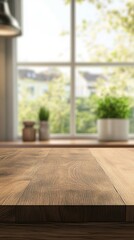 Sunlight streams through a window, illuminating a rustic wooden table with a textured surface, creating a serene and inviting kitchen or dining space with potted plants and soft natural light.