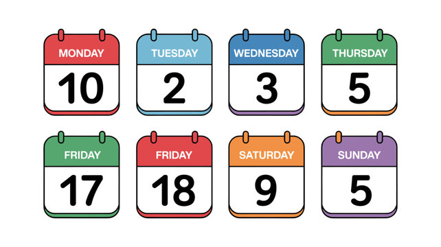 Calendar Days: A vibrant and organized visual showcasing a week's worth of calendar days. Each day is distinctly colored, capturing a sense of order, punctuality, and planning.