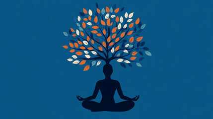 Visualize the impact of self-reflection and mindfulness on mental health. a person sitting in meditation, with an abstract tree extending from their head. Each leaf represent a mindful thought