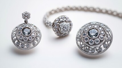 Fototapeta premium Victorian vintage-inspired jewelry set with diamonds and delicate filigree work on earrings, necklace, and ring, isolate on white background