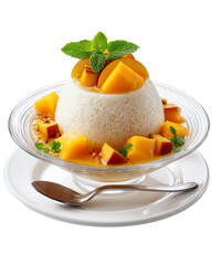 Fototapeta premium Isolate Transparent. Delicious mango dessert with rice and mint.
