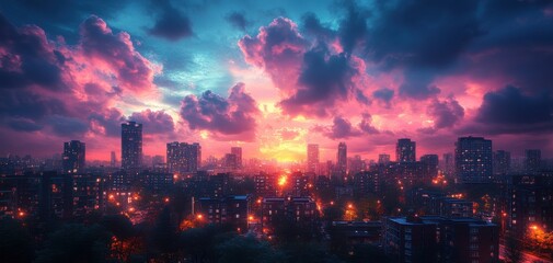 Vibrant Urban Sunset Skyline with Dramatic Clouds and City Lights
