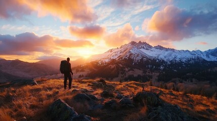 Fototapeta premium A hiker stands on a rocky outcrop, gazing at a stunning sunset that paints the sky with vibrant colors above majestic snow-capped mountains, surrounded by lush valleys