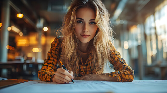 Professional female architect in the design process, drawing building plans and reviewing construction documents