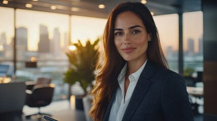 A confident business professional stands in a sleek office with a city skyline view at sunset. Warm light and lush greenery enhance the modern atmosphere, creating an inspiring backdrop
