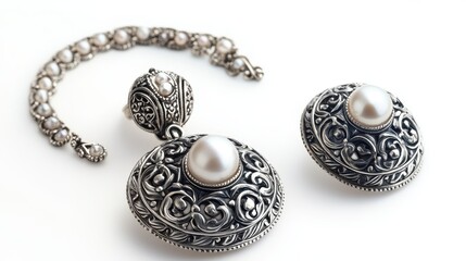Naklejka premium Old-fashioned silver jewelry set with intricate engravings and pearl accents on earrings, necklace, and ring, isolate on white background