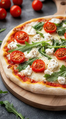 Gluten-free pizza with cauliflower crust topped with fresh arugula, cherry tomatoes, and goat cheese on a rustic wooden board